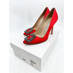 Manolo Blahnik 105 Red Satin Hangisi Pumps 36.5 with Box